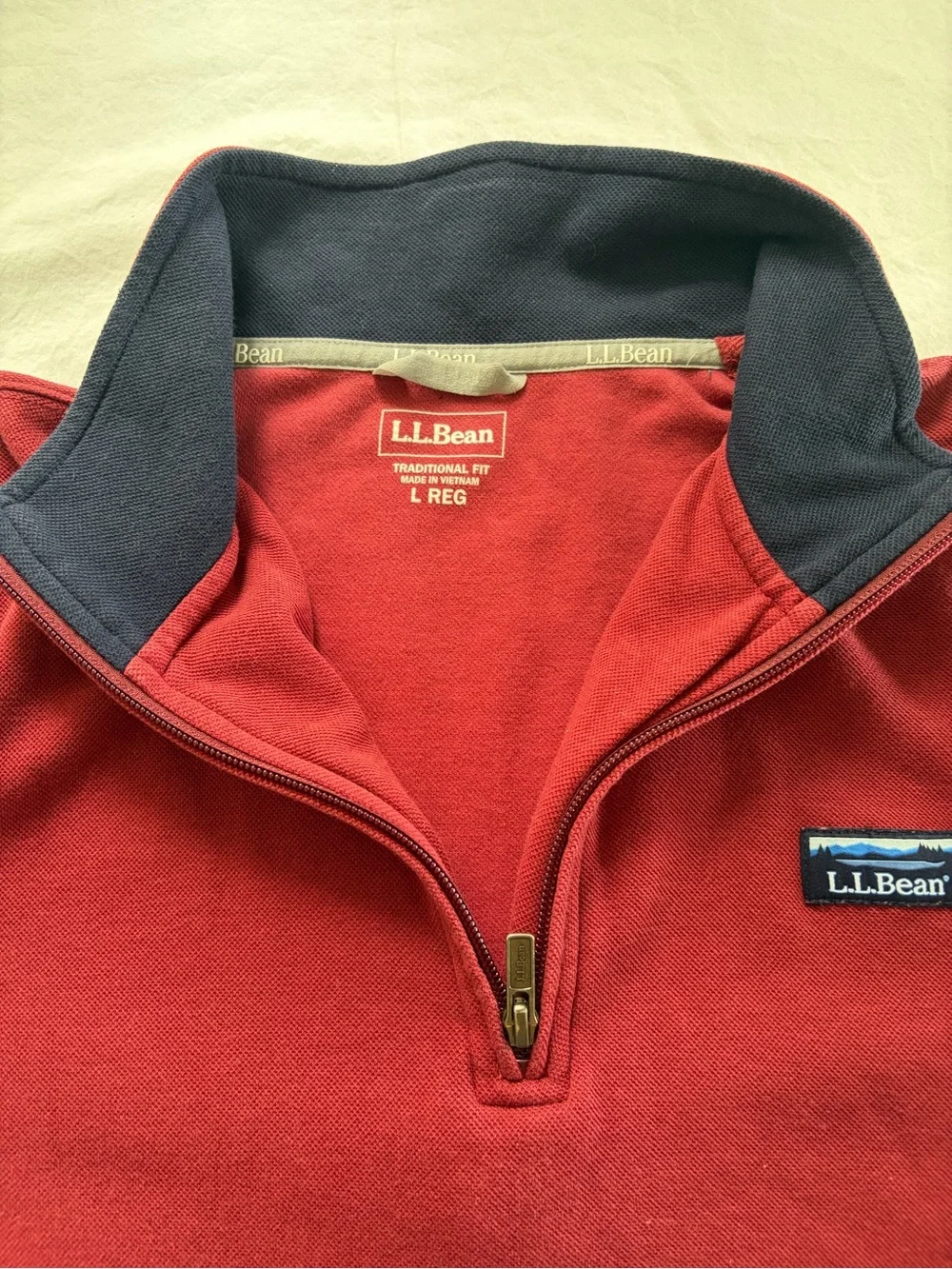 L.L. Bean Katahdin Logo Quarter Zip Pullover Large Reg Red Pique Traditional Fit